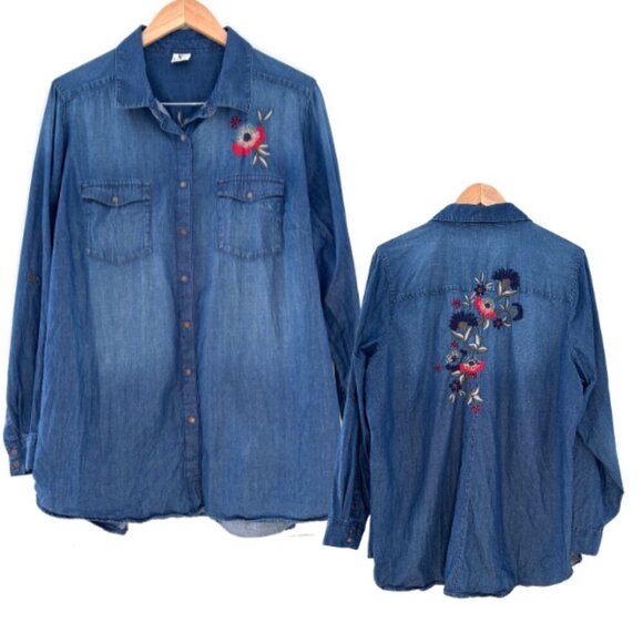 Women's XL Embroidered Flower Denim Snap Button Up English Country Side Garden - Picture 1 of 13
